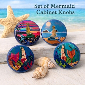 Handmade Mermaid Cabinet Knobs – Colorful Wood Drawer Pulls – Coastal Beach Decor – Mermaid Ocean Themed Furniture Hardware