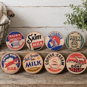Tiradores de armario con forma de tapa de botella de leche vintage – Tiradores de cajón estilo granja – Decoración rústica para lavadero – Juego de pomos de madera retro para cómoda
