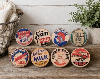 Vintage Milk Bottle Cap Cabinet Knobs – Farmhouse Dairy Drawer Pulls – Rustic Laundry Room Decor – Retro Wooden Dresser Knobs Set