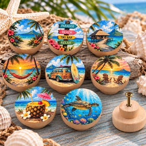 Handcrafted Wood Cabinet Knobs – Coastal Beach Drawer Pulls - Tropical Island