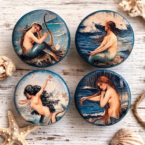 Vintage Mermaid Cabinet Knobs – Nautical Wood Drawer Pulls – Coastal Beach Cottage Decor – Handcrafted Wooden Knobs Mermaid Hardware Set