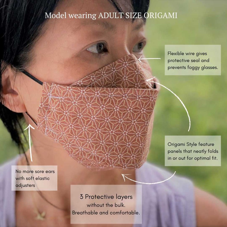 Adjustable Origami Face Mask Indigo Blossom Quality Cotton Double Layers Filter Pocket Nose Wire No Fog FREE Filter Inserts image 4