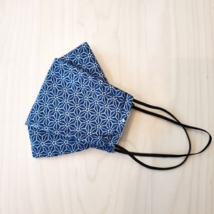 3D Origami Face Mask | Dobby/ Asanoha Star Blue | Japanese Textiles | Quality Cotton | Filter Pocket | No Fog Mask | FREE Filter Inserts