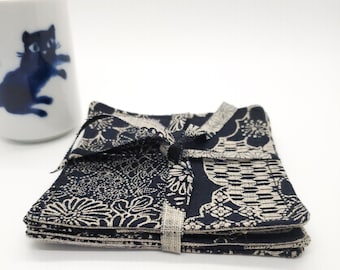 Floral Blossom Japanese Fabric Coaster Set– Linen Japandi Decor, Absorbent, Blue Table Decor, Small Batch Gifts