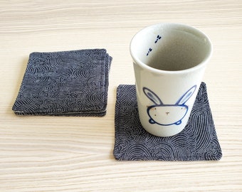 Indigo Waves Coaster Set | Japanese Fabric, Linen Backing, Absorbent Modern Coasters