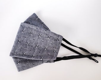 Mascarilla facial 3D Origami / Denim de fin de semana / Textiles japoneses / Algodón de calidad / Bolsillo para filtro / Mascarilla antivaho / Insertos de filtro GRATIS / 2 capas