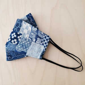 3D Origami Face Mask | Patchwork Denim Light | Japanese Textiles | Quality Cotton | Filter Pocket | No Fog Mask | FREE Filter Inserts |
