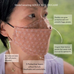 3D Origami Face Mask Chambray Flowers Japanese Textiles Quality Cotton Filter Pocket Nose Wire No Fog FREE Filter Inserts image 5