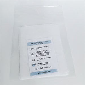 May include: A white package containing polypropylene filter inserts for face masks. The package includes instructions for use and care, including how to cut or fold the inserts to size, hand wash them after use, and never iron them. The package also mentions that the inserts can be reused many times with proper care.