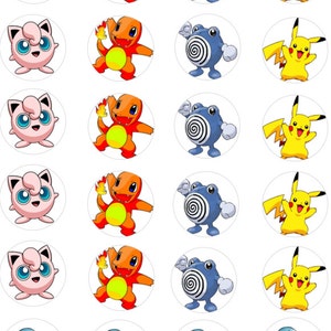 May include: Twenty-four round edible images featuring various Pokemon characters. The characters include Pikachu, Bulbasaur, Charmander, Squirtle, and a blue turtle Pokemon. The images are printed on white edible paper.