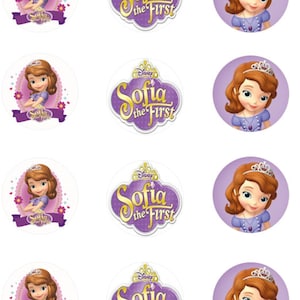 May include: Four round stickers featuring Disney's Sofia the First. Each sticker has a purple background with a white border. Two stickers feature Sofia the First with a crown and a purple dress. The other two stickers feature the words "Sofia the First" in a purple cloud.