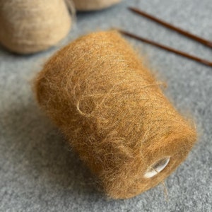 Brushed alpaca with golden lurex fiber yarn on cone, alpaca Wool, Natural fluffy yarn, rusty brown alpaca yarn, per cone
