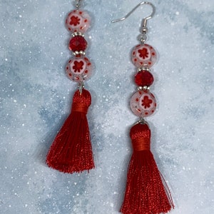 Red Glass Beaded Earrings with Boho Fringe Tassel