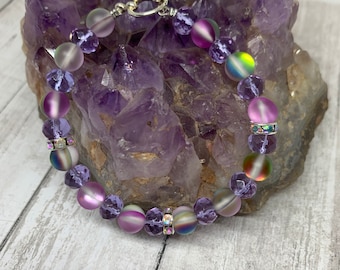 Aura Quartz and Purple Faceted Glass Beaded Mermaid Bracelet