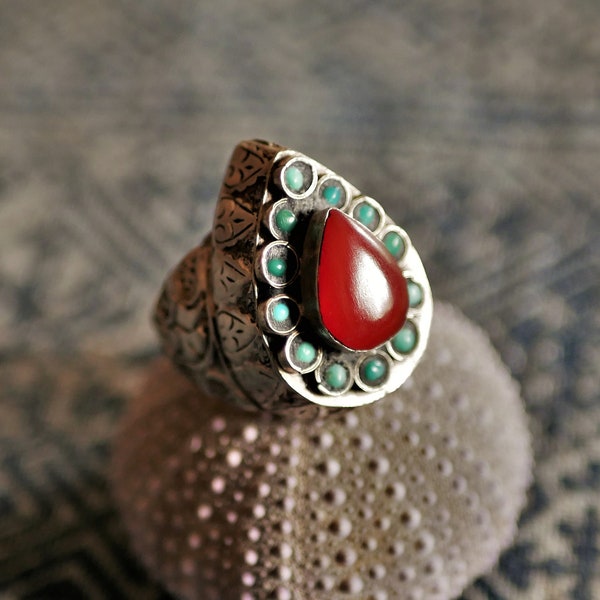 Afghanische ethnischer Silber Ring - Türkis & Karneol - Tropfen-Form - Silber fein handly gemeißelt - Siegelring Stil - Frauen oder Männer ring