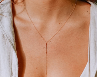 Elegant Gold lariat necklace, gold Y necklace, vertical skinny bar, elegant bar necklace