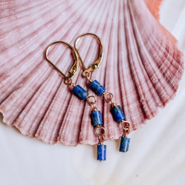 Lapis Lazuli Earrings, September Birthstone Gift, Navy Blue Lapis Lazuli Dangle Earrings, Dainty Dark Blue Jewelry Gift