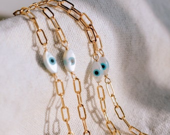 Eye Bracelet, paperclip chain bracelet, Evil Eye Bracelet, Golden Eye Bracelet