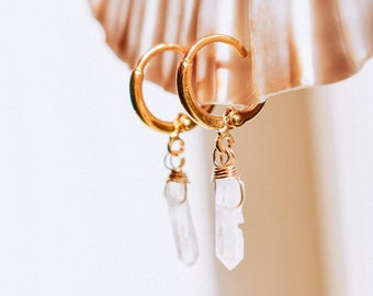 Gold Hoops Clear Quartz point earrings, Raw Crystal Earrings, Quartz hoop earrings, Mini hoops with mini quartz, handmade gemstone earrings