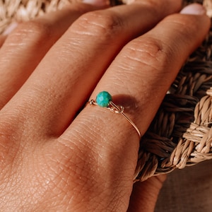 Tiny Turquoise Gold Ring, 14k Gold Fill Wire Ring with mini Turquoise,  Dainty Gemstone Ring, stacking Minimalist Rings, December Birthstone