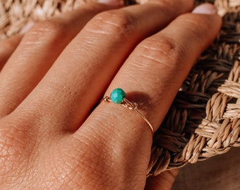 Tiny Turquoise Gold Ring, 14k Gold Fill Wire Ring with mini Turquoise,  Dainty Gemstone Ring, stacking Minimalist Rings, December Birthstone