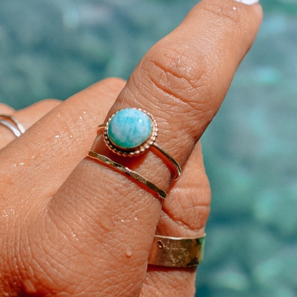 Amazonite ring, Gold band ring, 8mm Amazonite gemstone, Statement ring, 14K gold filled