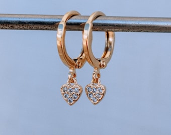 heart hoops, heart earrings, mini hoops with charms, gold hoops with hearts