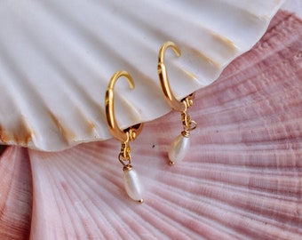 Mini hoop white pearl earrings, white pearl hoop earrings, rice pearl earrings