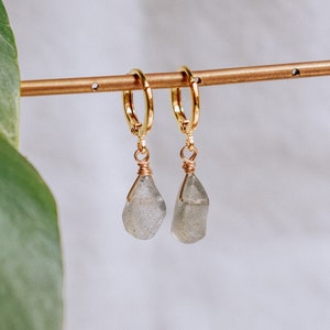 Mini Hoop Labradorite Earrings, Labradorite Earrings, Gold Tiny Hoops with gemstone, Fancy small Labradorite, Mother&#39;s day gift
