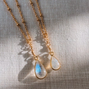 Teardrop Moonstone Gold Filled Necklace, Gold Moonstone Necklace,  14k gold filled beaded satellite chain necklace