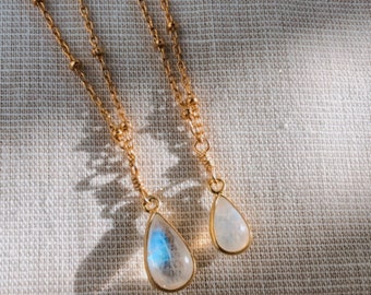 Teardrop Moonstone Gold Filled Necklace, Gold Moonstone Necklace,  14k gold filled beaded satellite chain necklace