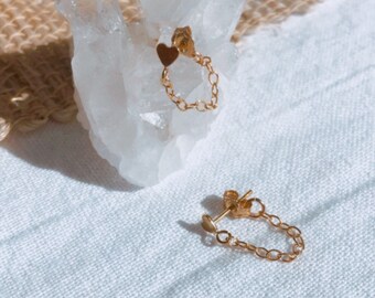 Heart Gold Chain Earrings, 14k Gold Filled Chain Earrings, Gold Stud Earrings Chain, Heart earrings, Gold earrings