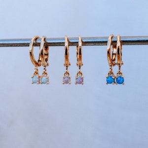 Small and cute gold hoop earrings with fire opal gemstone, White or Blue fire opal dangling, gold huggies, Opal earrings on gold filled