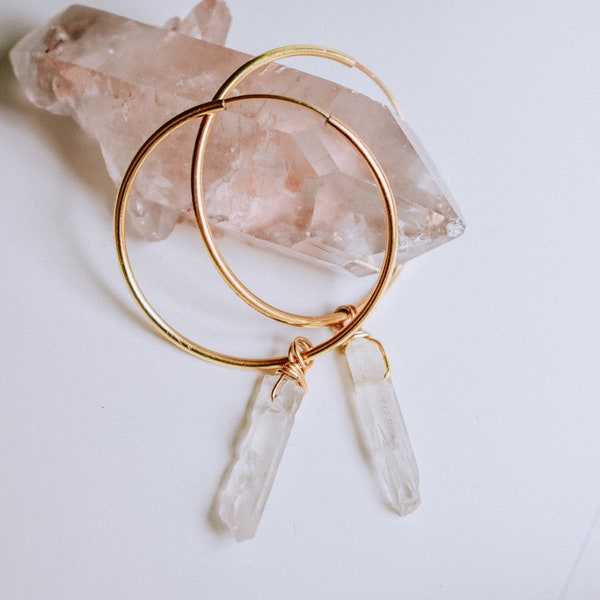 Clear Quartz Gold Hoops Earrings, Raw Crystal Earrings, Quartz hoop earrings, Big hoops with quartz