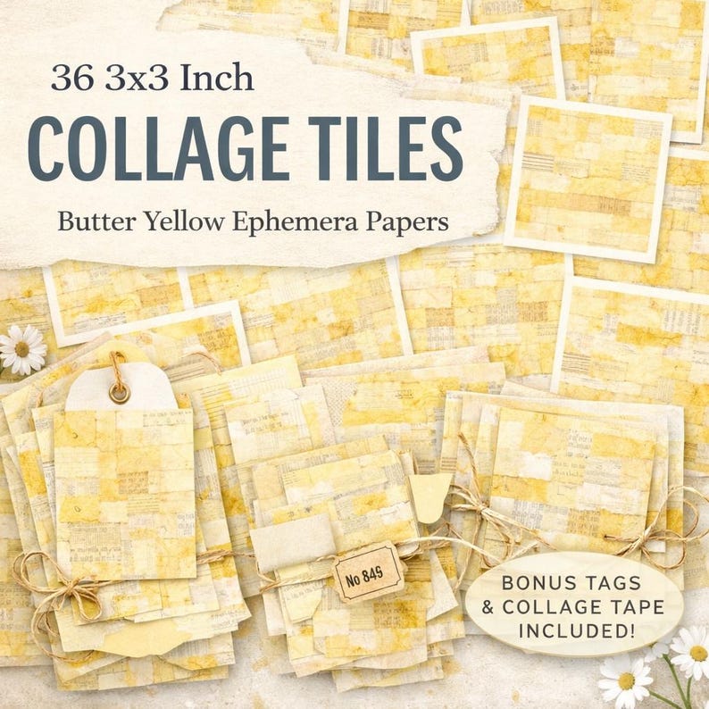 36 Butter Yellow Collage Tiles 3x3 | Digital Ephemera Papers | Junk ...