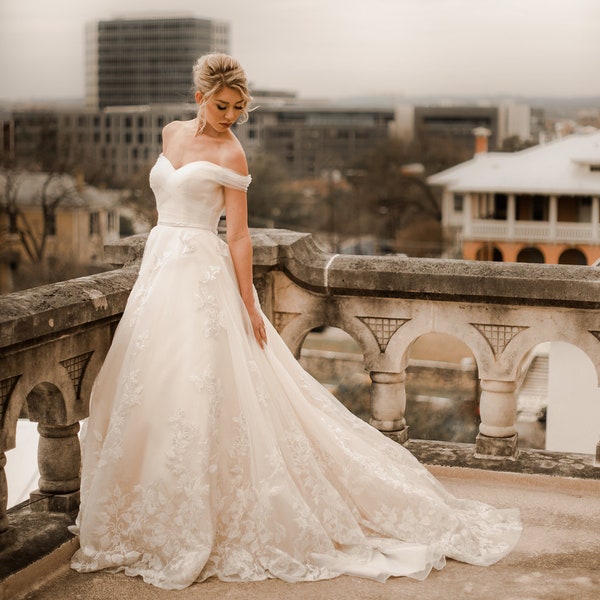 Bella-Unique gold metallic Floral lace champagne and ivory wedding dress, Ball Gown, off the shoulder, sweet heart neckline, Unique wedding