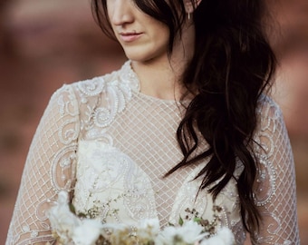 Haley- Custom Almond Color Beaded wedding dress, Gridded beaded wedding dress, Custom wedding dress, Unique beaded wedding dress