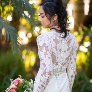 Chelsea- Nature Floral Lace Fitted sleek wedding dress, Buttons, Custom wedding dress, sleeves, Illusion tulle, sheer, unique wedding dress