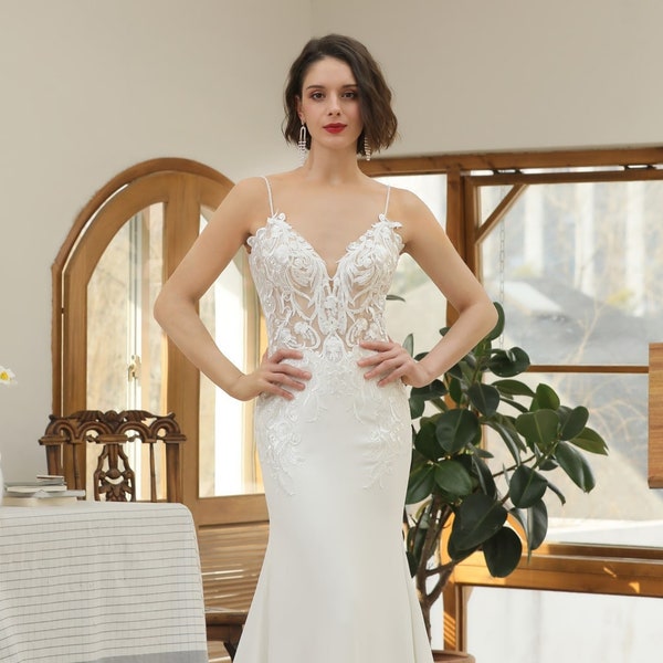 Evelyn- Semi Custom Fit & Flare Wedding Dress- Floral Lace on Crepe with Beaded Straps- Custom Wedding Dress