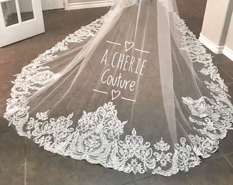 Rhinestone thick wide lace royal length bridal veil, long veil, royal length veil, bling veil, custom veil, custom design, veils