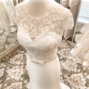 Meagan- custom unique lace mikado wedding dress, fitted wedding dress, sleek wedding dresses, lace wedding dress, cap sleeve, buttons