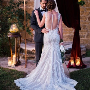 Verona- elegant lace wedding dress, unique wedding dress, dusty rose colored wedding dress, beaded wedding dress