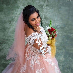 Plus Size Wedding Dress, Blush Wedding Dress, Pink Wedding Dress, Long  Sleeve Wedding Dress, Tulle Custom Wedding Dress 2019 / 0079 