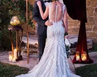Verona- elegant lace wedding dress, unique wedding dress, dusty rose colored wedding dress, beaded wedding dress