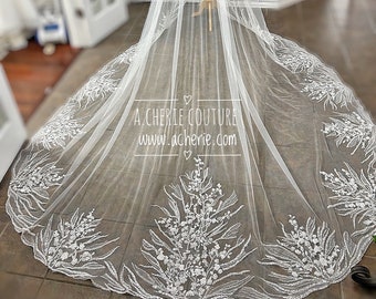 Ultra Glam heavily beaded lace royal length Veil, bridal veils, Sequin lace, unique cathedral veil, long veil, made to order