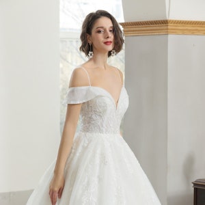 Blake- Semi Custom Full A-Line Wedding Dress- Beaded Off Shoulders with Sequin Floral Lace and Glitter Tulle- Custom Wedding Dress