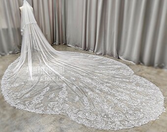Floral Scroll Lace Royal Veil, Scroll lace, floral lace, scalloped veil, long veils, Custom bridal veil, unique wedding veils, made to order