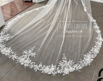 3d Beaded Floral Veil design, Scalloped floral lace edge, long floral veil, bridal veils, cathedral length veils
