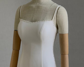 Perla- Semi Custom Sheath Crepe Wedding Dress with Pearl Detailing and Legs Slit- Custom Wedding Dress