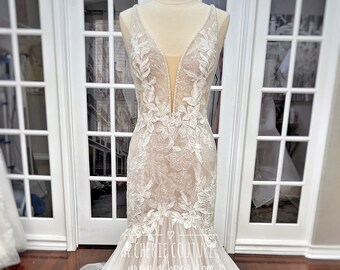 Floral Beaded Lace Trumpet Wedding Dress: Low Back, Plunge Neckline